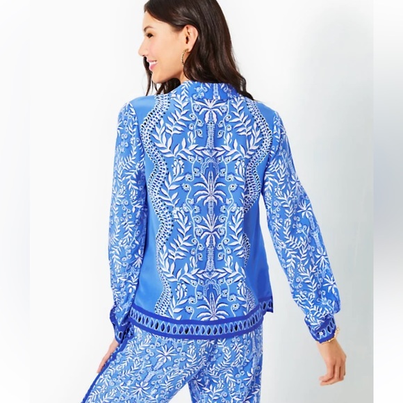 LILLY PULITZER KIRAN BUTTON DOWN SILK BLUE PRINTED BLOUSE SIZE LARGE - Picture 5 of 11